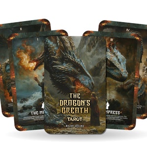 May include: A tarot deck featuring a dragon design. The cards have a dark green background with gold accents. The deck is called "The Dragon's Breath Tarot" and features the Major Arcana.