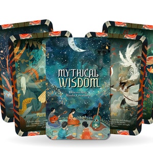 May include: A set of five cards with a blue, green, and gold color scheme. The cards feature illustrations of mythical creatures and the text "Mythical Wisdom: Discovering Hindu Creatures".