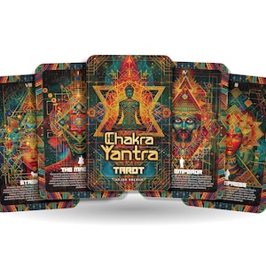 May include: A set of seven tarot cards with colourful geometric designs and illustrations of people. The cards are from the Chakra Yantra Tarot deck. The cards are titled "The Empress", "Emperor", "The Magician", "Strength", "The Hermit", "Wheel of Fortune", and "The Fool".