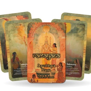 May include: A set of oracle cards featuring a colourful illustration of a Hindu deity on the front. The cards are titled "Ramayana Ayodhya Kanda Oracle Cards".