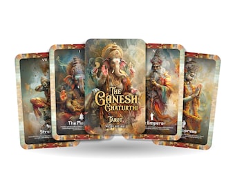 May include: A set of tarot cards featuring colorful illustrations of Hindu deities. The cards are titled "The Ganesh Chaturthi Tarot".