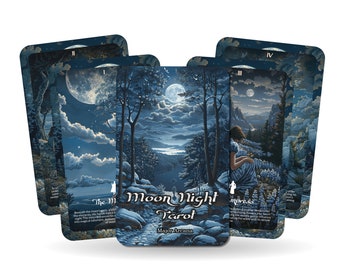 May include: A deck of Moon Night Tarot cards. The cards depict a blue and white landscape with a full moon, trees, and a figure. The text "Moon Night Tarot" and "Major Arcana" are visible on the cards.