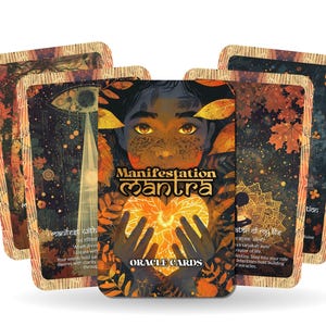 May include: A deck of "Manifestation Mantra" oracle cards. The cards feature illustrations of a person, a glowing heart, and autumn leaves. The words "Oracle Cards" are at the bottom. The cards have a brown border and are on a white background.