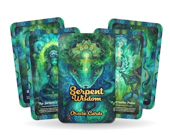 May include: A set of Serpent Wisdom Oracle Cards with a green, blue, and gold color scheme. The cards feature illustrations of snakes, a woman with a crown, and a person holding a staff. The text on the cards reads "Serpent Wisdom Oracle Cards".