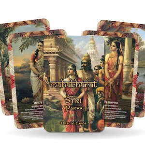 Könnte beinhalten: Ein Set von Orakelkarten mit einer farbenfrohen Illustration von Menschen in traditioneller indischer Kleidung. Die Karten sind mit "Mahabharat Stri Parva Oracle Cards" betitelt.