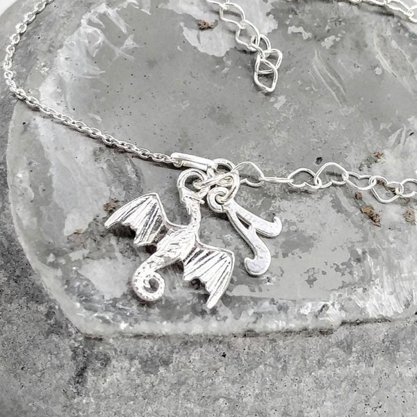 Personalized Dragon Bracelet Sterling Silver Dragon Jewelry Dragon and Initial Letter Bracelet Game of Thrones Bracelet Dragon Lover Gift