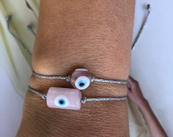 Light Pink Transparent Bead Evil Eye Bracelet, Big Glass Greek Eye Bead Bracelet, Protection Good Luck Bracelet, Silver Cord Adjustable Set