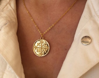 Gold ICXC NIKA Cross Necklace, Antique Medallion Jewel, Christian Religious Konstandinato, Byzantine Round Coin/Disc For Him Her Unisex