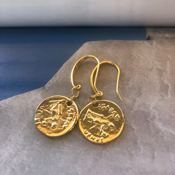 Ancient Greek Gold Coin Earrings, Disc Earrings, Christmas Gift For Her/Wife, Mythology Jewelry, Hand Hammered Two-Sided Coin Earrings