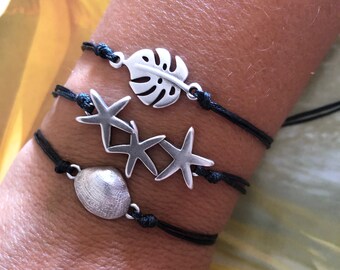 Sterling Silver Beach Summer Bracelets, Monstera Leaf/Shell/Starfish Charm Bracelets, Xmas Gift, Ocean Unisex Minimalist Set Of 3 Jewel