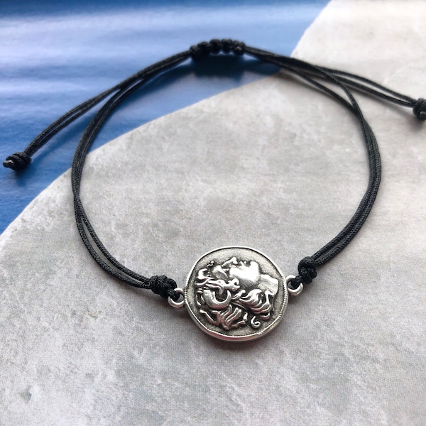 Alexander The Great Silver Coin Bracelet, Vergina Sun/Star 2-sided Disc Jewel, Antique Father's Day Gift For Dad/Her/Mum, Greek Mythology