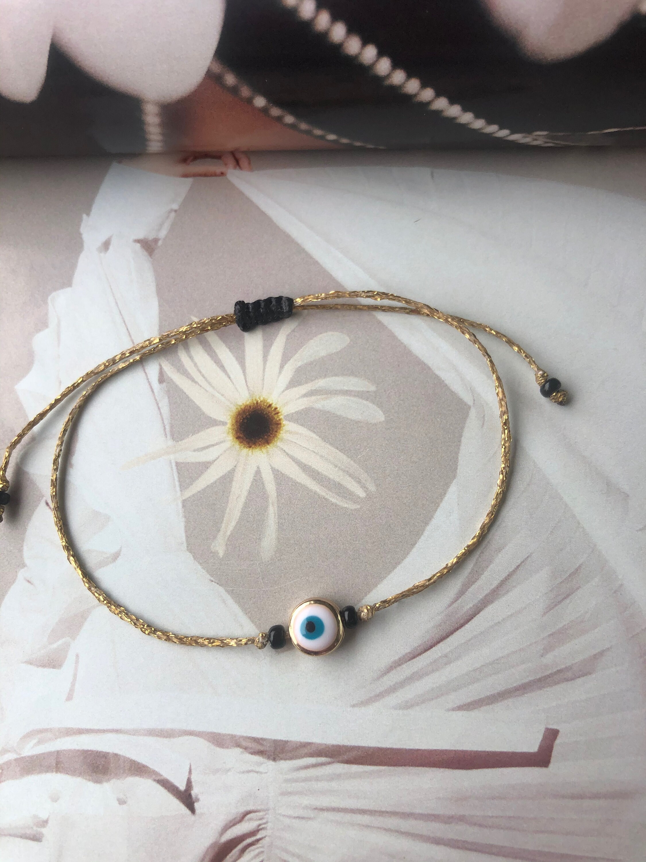 Dainty White Evil Eye Bracelet Block Evil Eye Gift Gold Cord Etsy UK