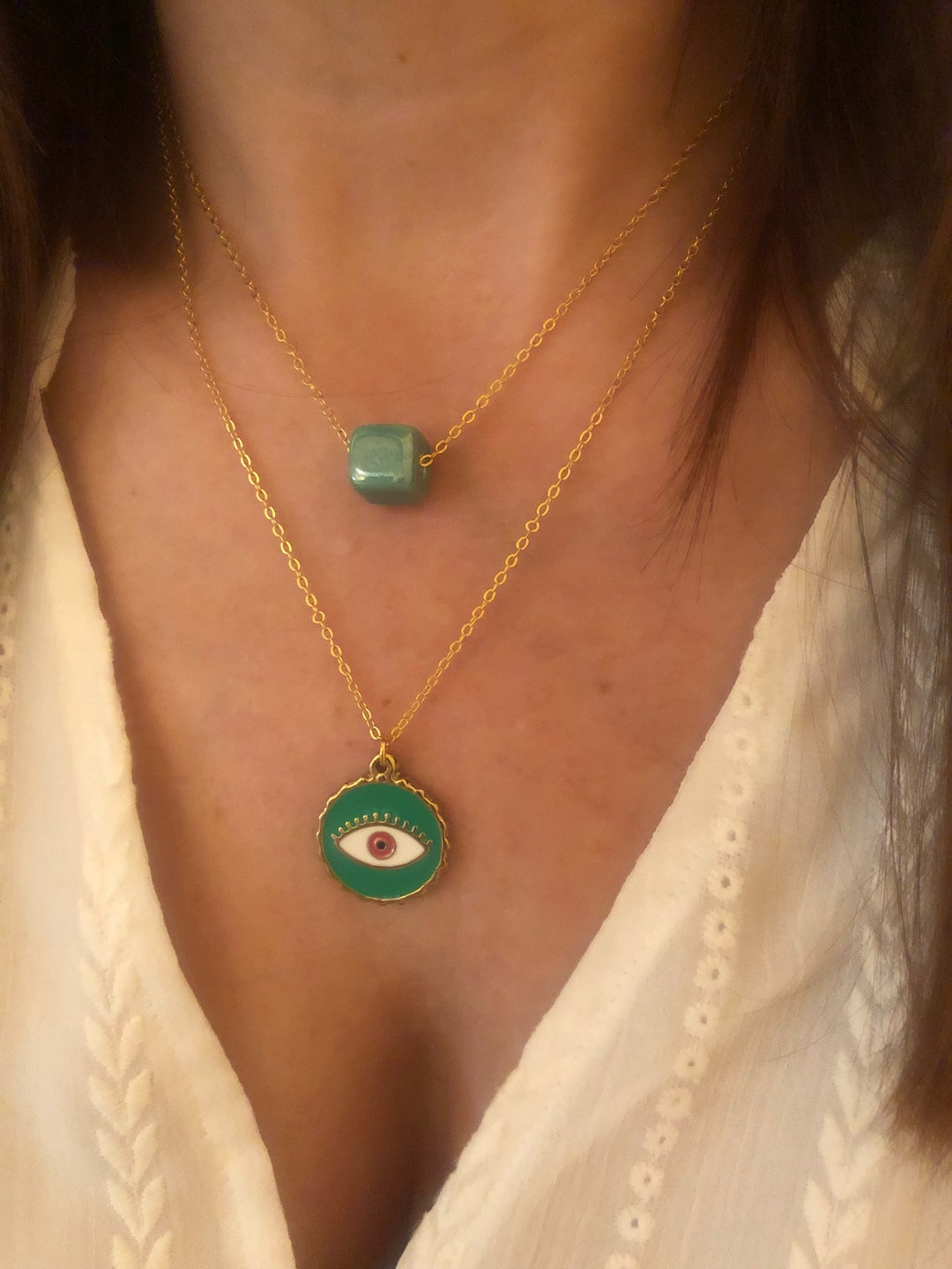 Green Evil Eye Disc Necklace, Pine Green Cube Ceramic Bead Necklace, Single Bead Jewel