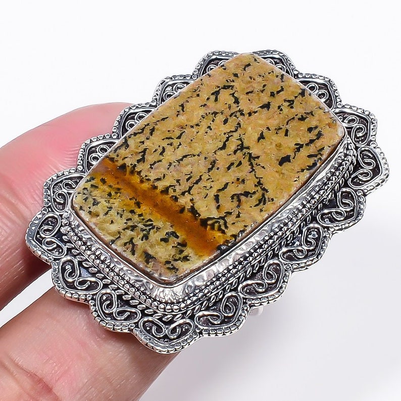 925 Silver Ring Shiny Psilomelane Dendritic Opal Gemstone