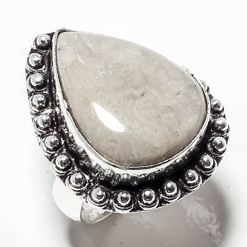 925 Silver Ring Fossil Coral Gemstone