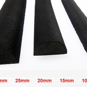 May include: Three black foam weatherstripping strips in varying widths: 30mm, 25mm, 20mm, 15mm, and 10mm. The strips have a half-round profile, designed to seal gaps and prevent drafts. Ideal for home improvement projects.
