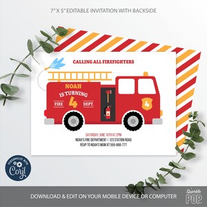Peut inclure: Une invitation d'anniversaire de camion de pompiers rouge avec une &eacute;chelle jaune, une hache et un extincteur. L'invitation dit "Appel &agrave; tous les pompiers" et "Noah a 4 ans".