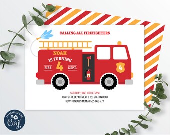 Fire Truck Birthday Invitation, Printable Fire Engine Invitation, Firefighter, Fireman