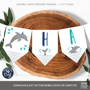 Editable Dolphin Happy Birthday Banner, Editable Under the Sea Decorations, Dolphin Birthday Party, Template Corjl lNSTANT DOWNLOAD 0026