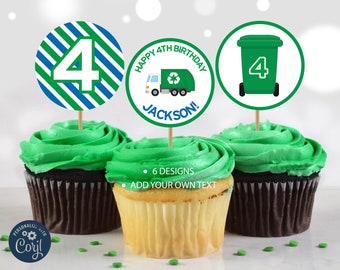May include: Six printable cupcake toppers featuring a green garbage truck, a green trash can, and the number four in blue and green stripes. The toppers are designed for a 4th birthday party with the name "Jackson" on one of the toppers.