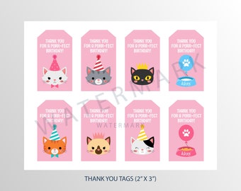 Puede incluir: Ocho etiquetas de agradecimiento rosas con diferentes ilustraciones de gatos y el texto "¡Gracias por un cumpleaños perfecto!" Las etiquetas miden 5,1 cm por 7,6 cm.