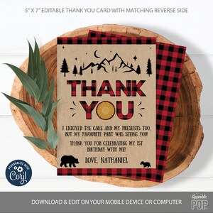 Bewerkbare houthakker Bedankkaart ELKE LEEFTIJD 1e verjaardag Red Buffalo Plaid Rustiek Woodland Bear Forest Corjl Afdrukbare Instant Download 0009