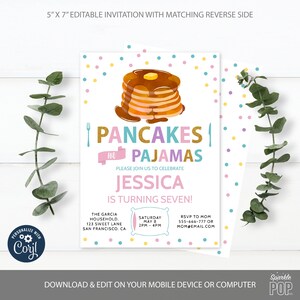 Pancakes and Pajamas Birthday Party Invitation, Girls Slumber Party, Sleepover Birthday Party, Printable, Instant download 0013