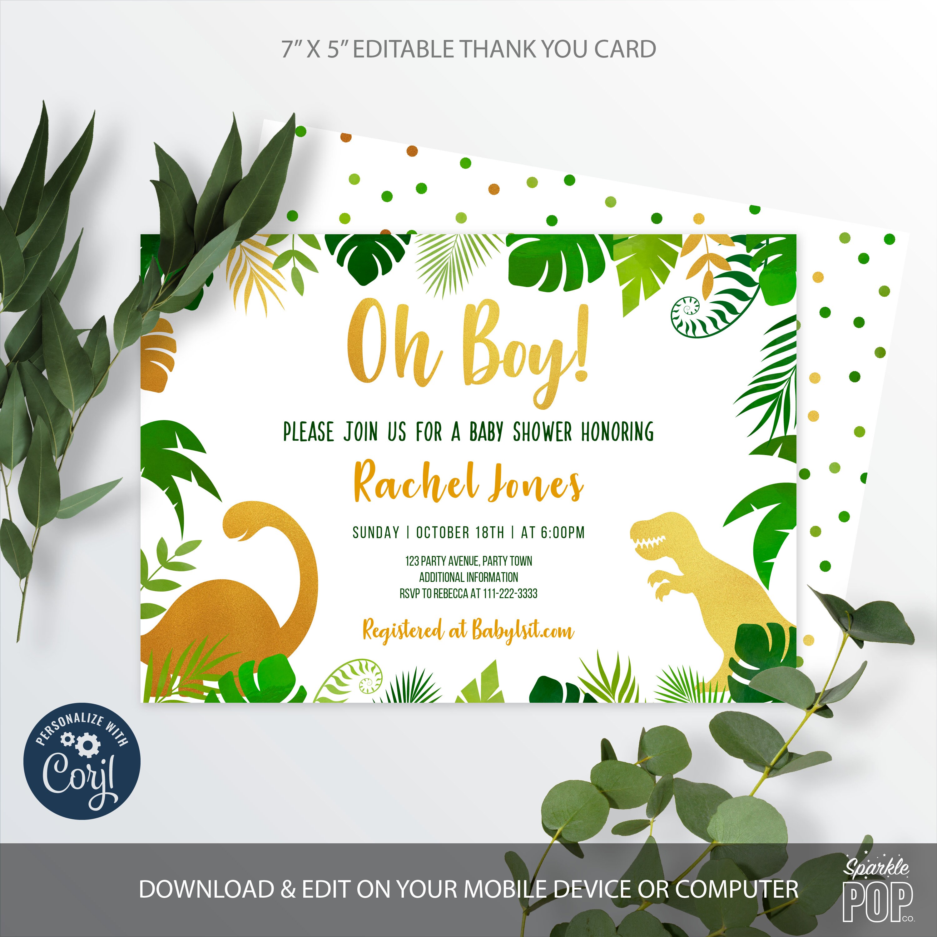 Editable Dinosaur Baby Shower Invitation, Oh Boy Gold Dinosaur Baby