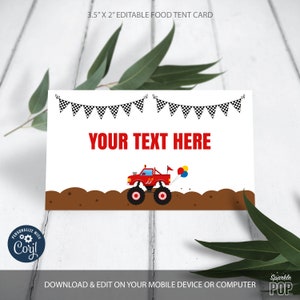 EDITABLE Monster Truck Party Buffet Cards Printable Monster Truck Table Tent Cards Food Labels INSTANT DOWNLOAD 0006