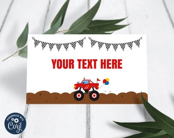 May include: Editable food tent card featuring a red monster truck with black wheels driving on a brown dirt path. The card has a checkered flag banner at the top and the text "YOUR TEXT HERE" in red letters.