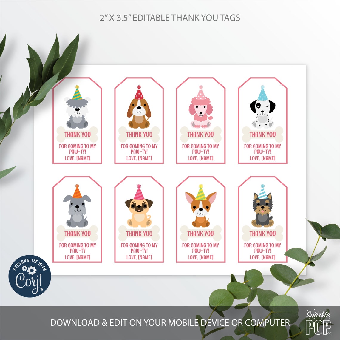 Editable Puppy Thank You Tags, Dog Birthday Invitation, Digital Files ...