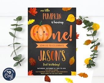 Editable Pumpkin First Birthday Invitation Little Pumpkin 1st Birthday Fall Autumn Birthday Party Watercolor Instant Download 0020