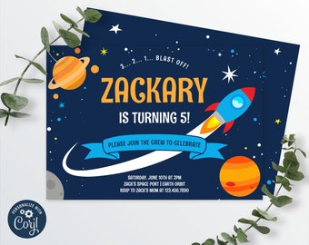 Space Rocket Birthday Invitation, Outer Space Editable Invitation, Astronaut, Blast Off, Spaceship, INSTANT DOWNLOAD 0001