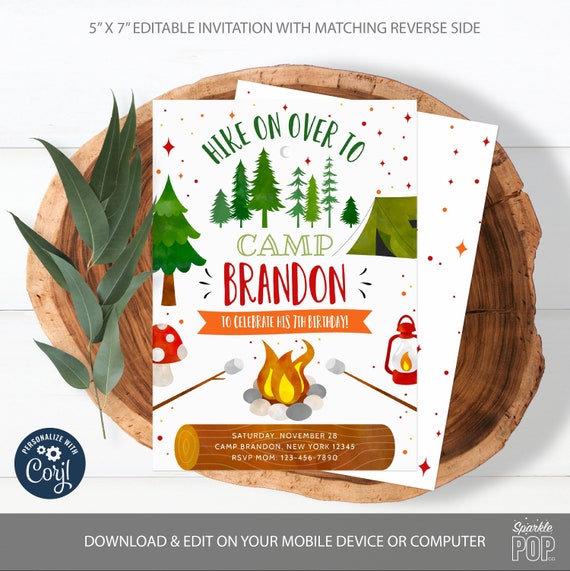 Camping Birthday Invitation Campfire Tent Camp Out Birthday Party Invite Happy Camper Hiking Birthday Editable Corjl lNSTANT DOWNLOAD 0032