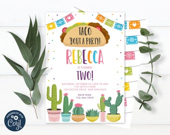 May include: A colorful printable invitation for a 2nd birthday party with a taco theme. The invitation features a cartoon taco with the text "Taco 'Bout a Party!" and the name "Rebecca" in colorful letters. The invitation also includes a cactus and flower design.