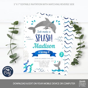 Delfin-Geburtstags-Einladung unter dem Meer einladen Delfin-Party-Ozean-Einladung DIGITAL druckbare Vorlage, Corjl, INSTANT DOWNLOAD, 0026