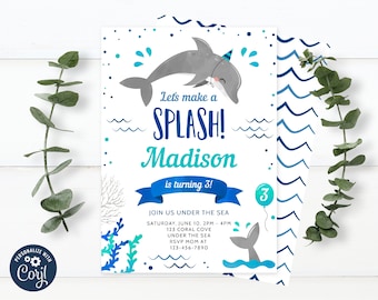 May include: A blue and white invitation with a cartoon dolphin wearing a party hat. The invitation says "Let's make a SPLASH! Madison is turning 3!" and includes details for a birthday party.
