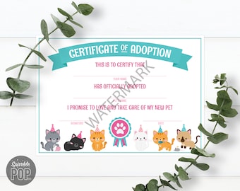 Cat Adoption Certificate Kitten Adoption Party Pet Adoption party Adopt a Cat Kitty Cat Birthday Party INSTANT DOWNLOAD 0027