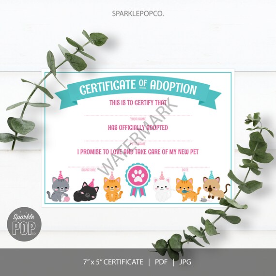 Cat Adoption Certificate Kitten Adoption Party Pet Adoption party Adopt a Cat Kitty Cat Birthday Party INSTANT DOWNLOAD 0027
