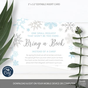 EDITABLE Snowflake Baby Shower Book for Baby Card Little Snowflake Insert Card Bring a Book Blue Winter Baby Sprinkle INSTANT DOWNLOAD 0030