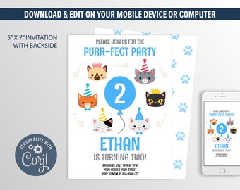Cat Invitation, Kitten Birthday Invitation, Kitty Party Editable Invitation