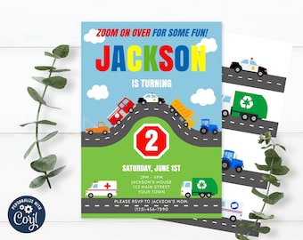 May include: A printable 5x7 inch invitation for a 2nd birthday party. The invitation features a blue, green, and yellow background with a road and various vehicles. The text on the invitation reads "Zoom on over for some fun! Jackson is turning 2. Saturday, June 1st 2pm-4pm Jackson's House 123 Main Street Your Town Please RSVP to Jackson's Mom (123)-456-7890. Download & Edit on your mobile device or computer."