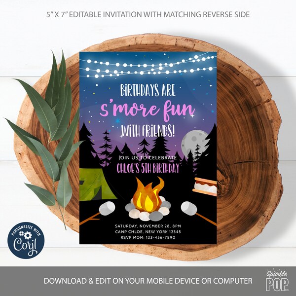 S'mores invitación de cumpleaños editable chica camping fiesta campfire S'more diversión con amigos campfire tent Camp Out Corjl lNSTANT DESCARGAR 0032