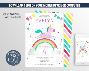 May include: A printable 5" x 7" invitation with a unicorn and rainbow design. The invitation is for a girl's birthday party and says "Evelyn is turning 4".