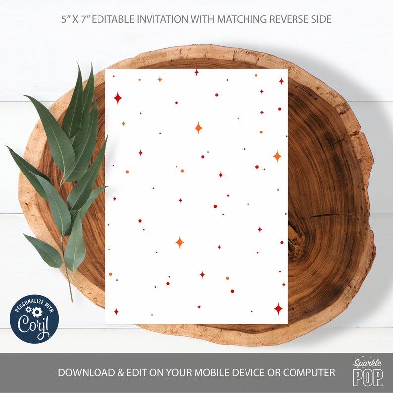 May include: Editable invitation template with a white background and a scattered pattern of red, orange, and yellow stars. The invitation is 5 inches by 7 inches.