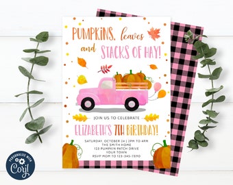 May include: A pink and white printable invitation for a 7th birthday party with a pink truck carrying pumpkins and fall leaves. The text reads "Pumpkins, leaves and stacks of hay!" and "Join us to celebrate Elizabeth's 7th Birthday!"