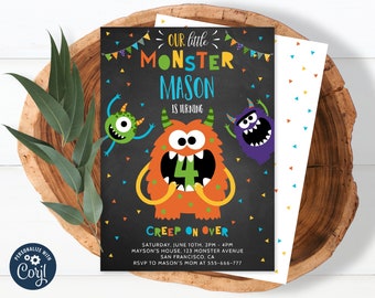 Little Monster verjaardagsuitnodiging, uitnodiging voor het feest van Monsters, Monster schoolbord uit te nodigen, bewerkbare, DIY, afdrukbare, Instant Download 0011
