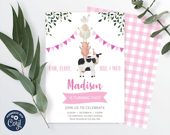 Editable Farm Birthday Invitation, Pink Barnyard Animals, Stacked Farm Animals, INSTANT DOWNLOAD 0007