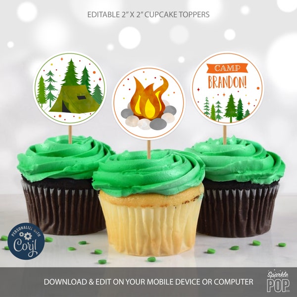 EDITABLE Camping Birthday Cupcake Toppers Campfire Tent Camp Out Party Printable Decor Food Labels Printable Corjl Instant Download 0032