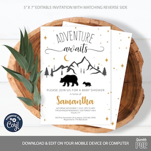 Adventure Awaits Baby Shower Invitation, Rustic Forest and Mountain Invite, Gender Neutral, Gold and Gray, INSTANT DOWNLOAD 0008